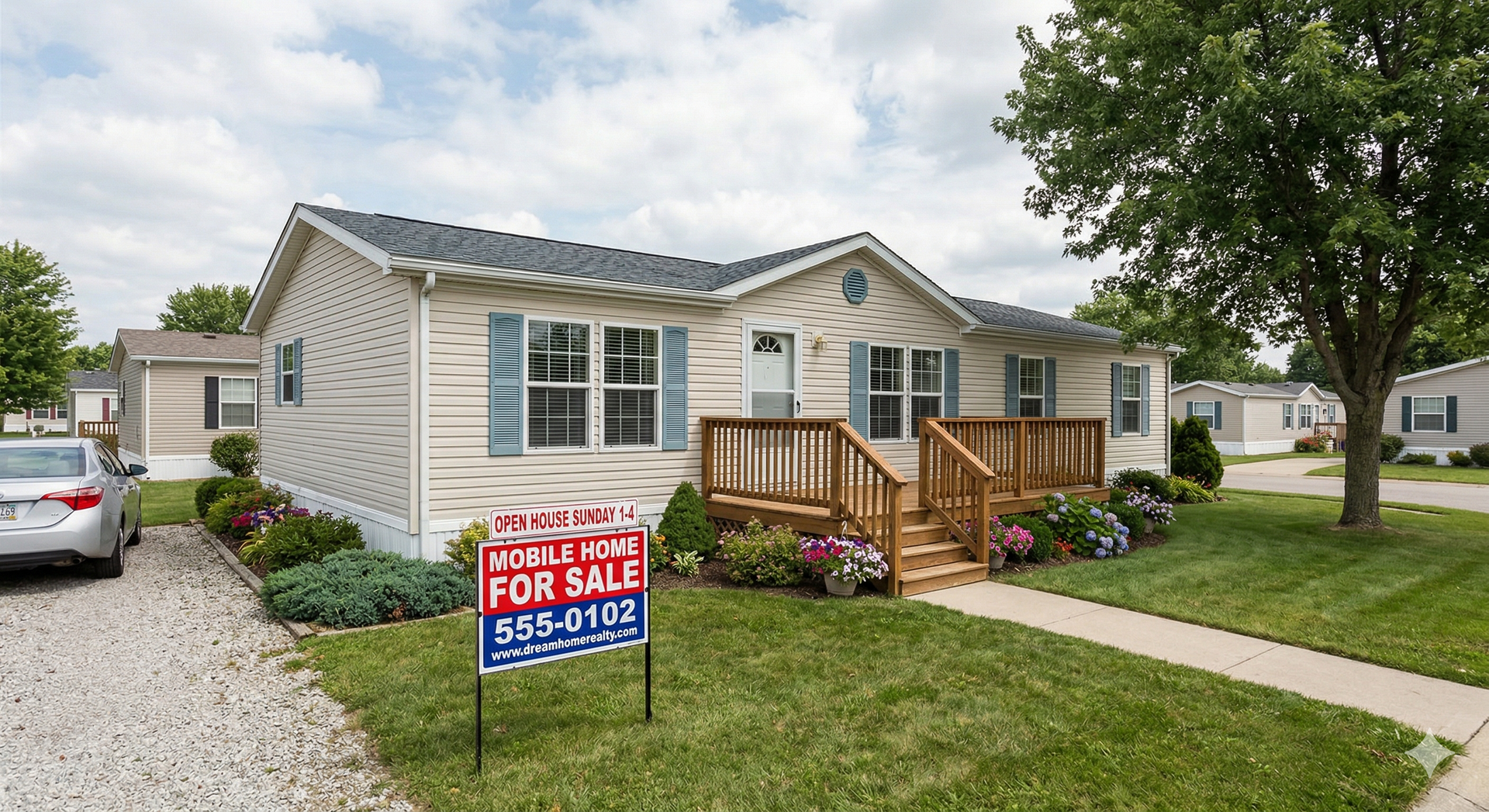 A beige manufactured home with a wooden porch and a
