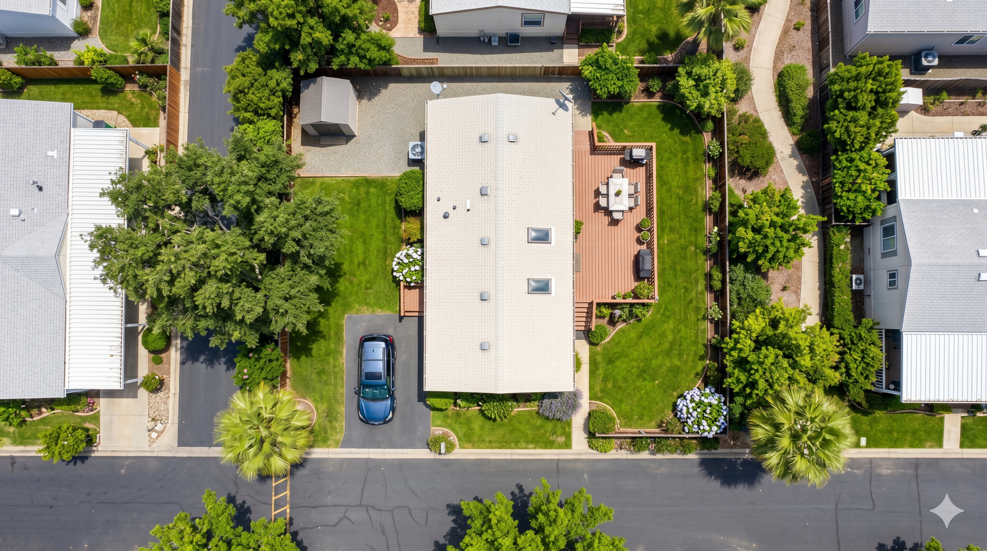 Aerial view of a residential house with a blue car, trees, driveway, and neighboring homes.