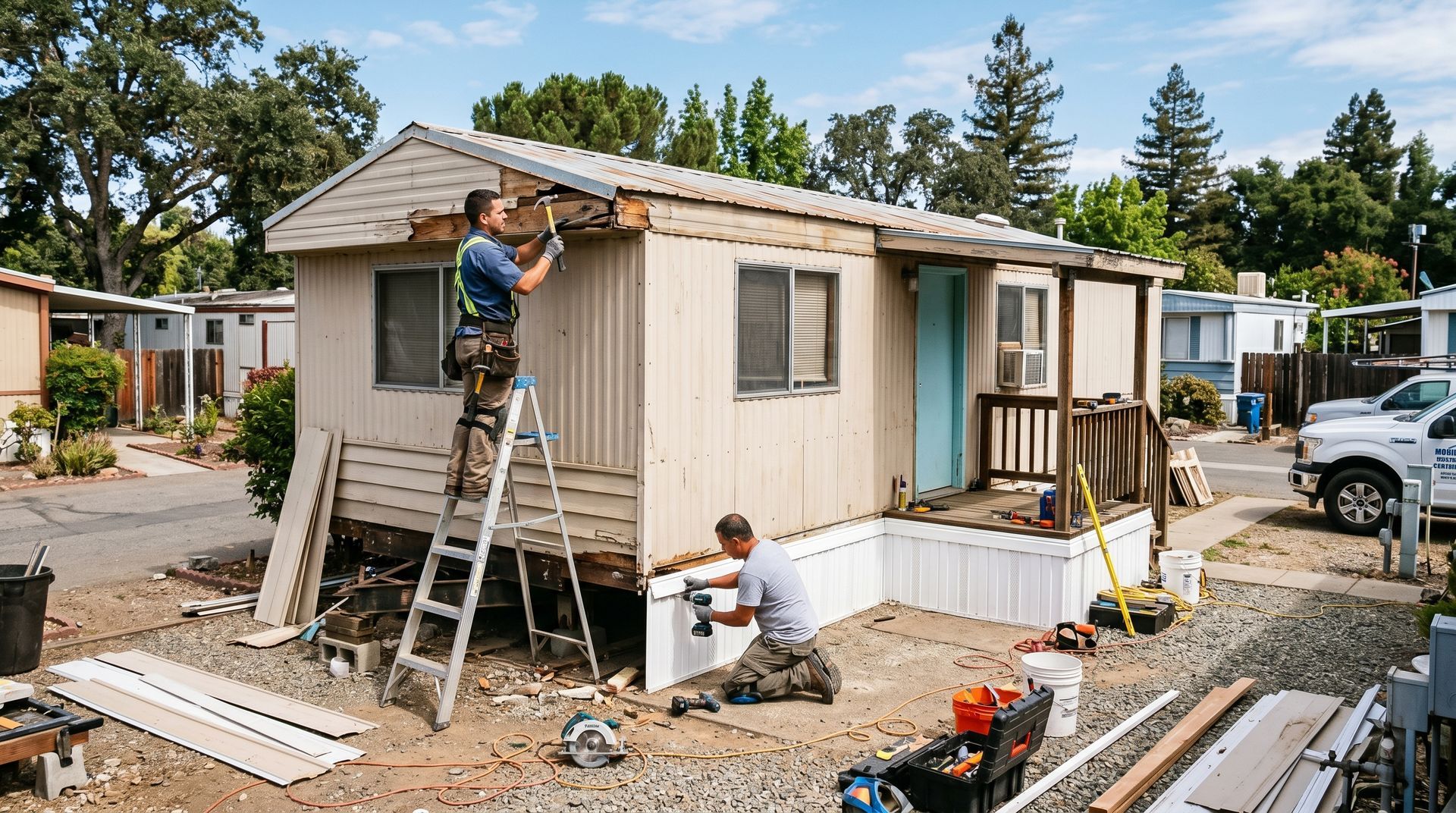 Workers repairing a beige mobile home roof and exterior amid scattered construction debris