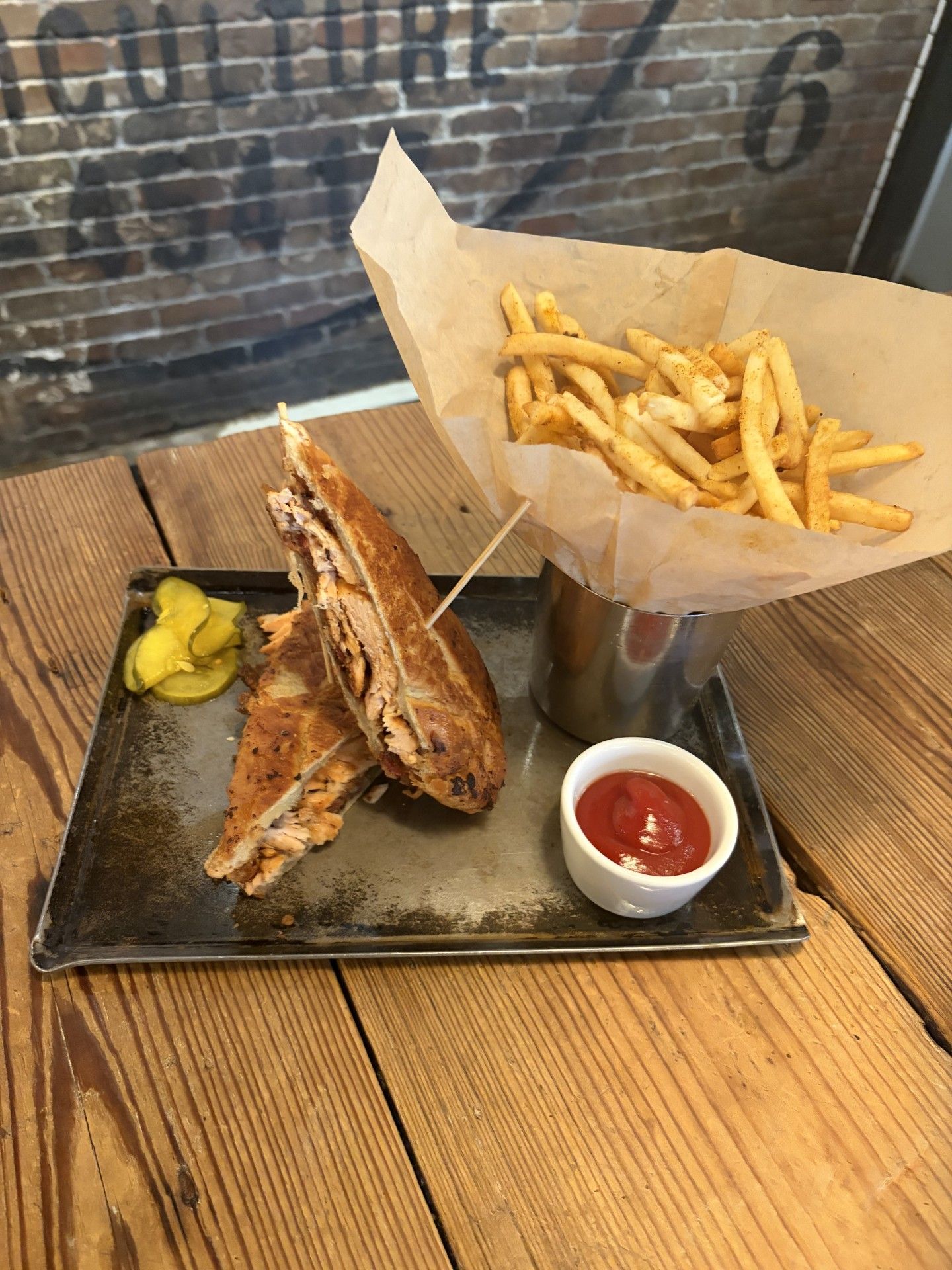 Grilled salmon and bacon with our signature garlic aioli, grilled and pressed to perfection with fries