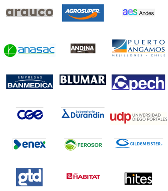 Un grupo de logotipos de clientes actuales sobre un fondo blanco, incluido Arauco Universidad Diego Portales, CGE, Anasac, Cpech, Gildemeinster y otros.