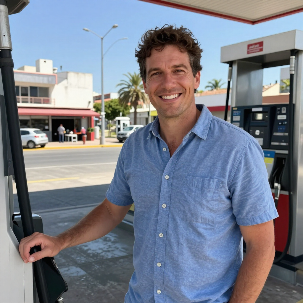 Hombre sonriente con camisa azul de pie junto a un surtidor de gasolina, con una calle y edificios al fondo.