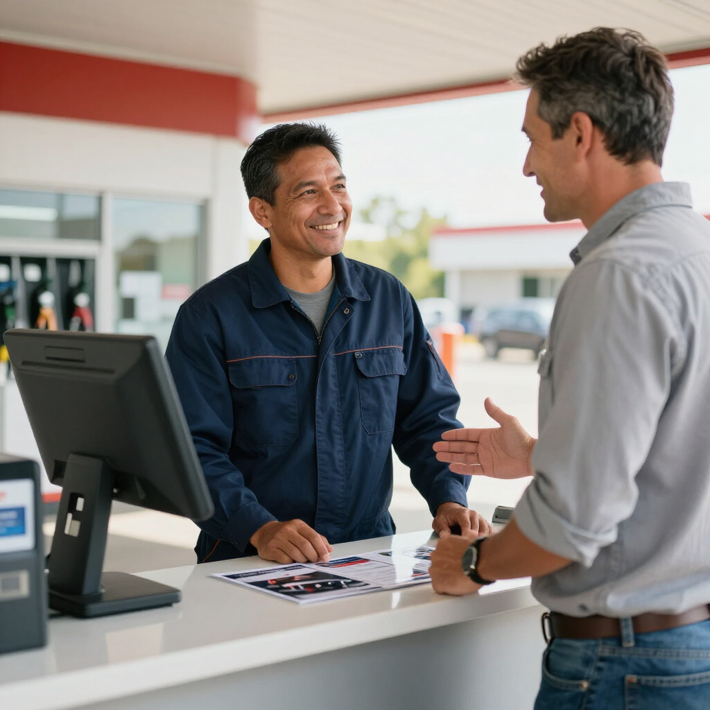 Dos hombres conversando en un mostrador de servicio, uno sonriendo y el otro gesticulando, con una caja registradora y folletos cerca.