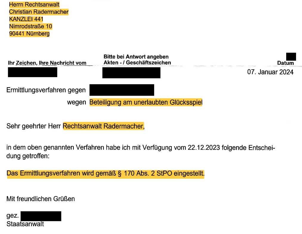 Schreiben vom 7. Januar 2024, unterzeichnet von einem Staatsanwalt, in dem die Einstellung einer Untersuchung bekannt gegeben wird.