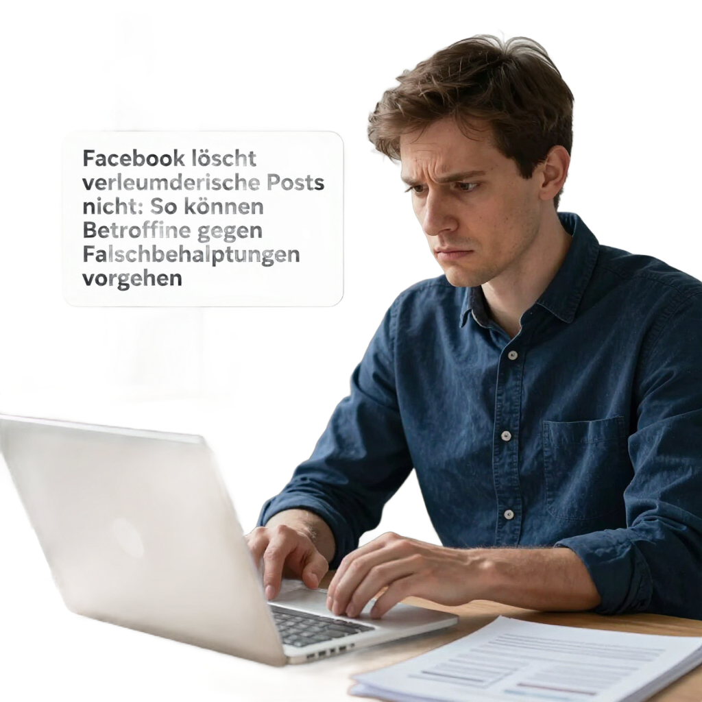 Mann arbeitet am Laptop; Sprechblase mit Text zu Facebook-Löschungen und Rechtshilfetipps.