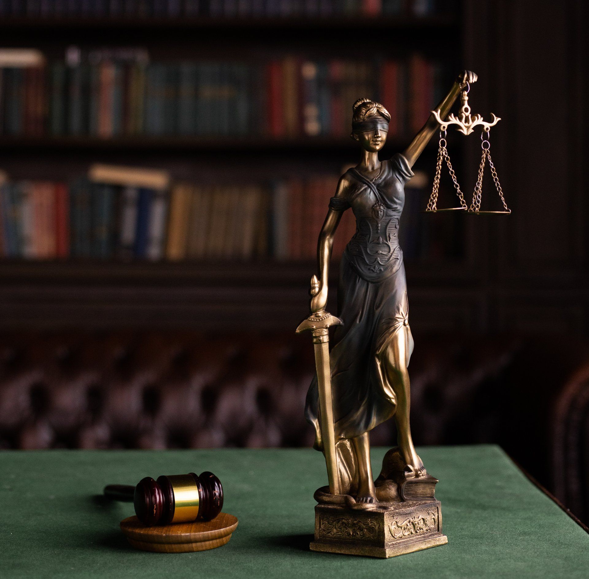 Abmahnung erhalten? Rechtsanwaltskanzlei in Nürnberg hilft Statue der Justitia mit Waage und Schwert auf einem Schreibtisch mit Hammer in einer juristischen Bibliothek.