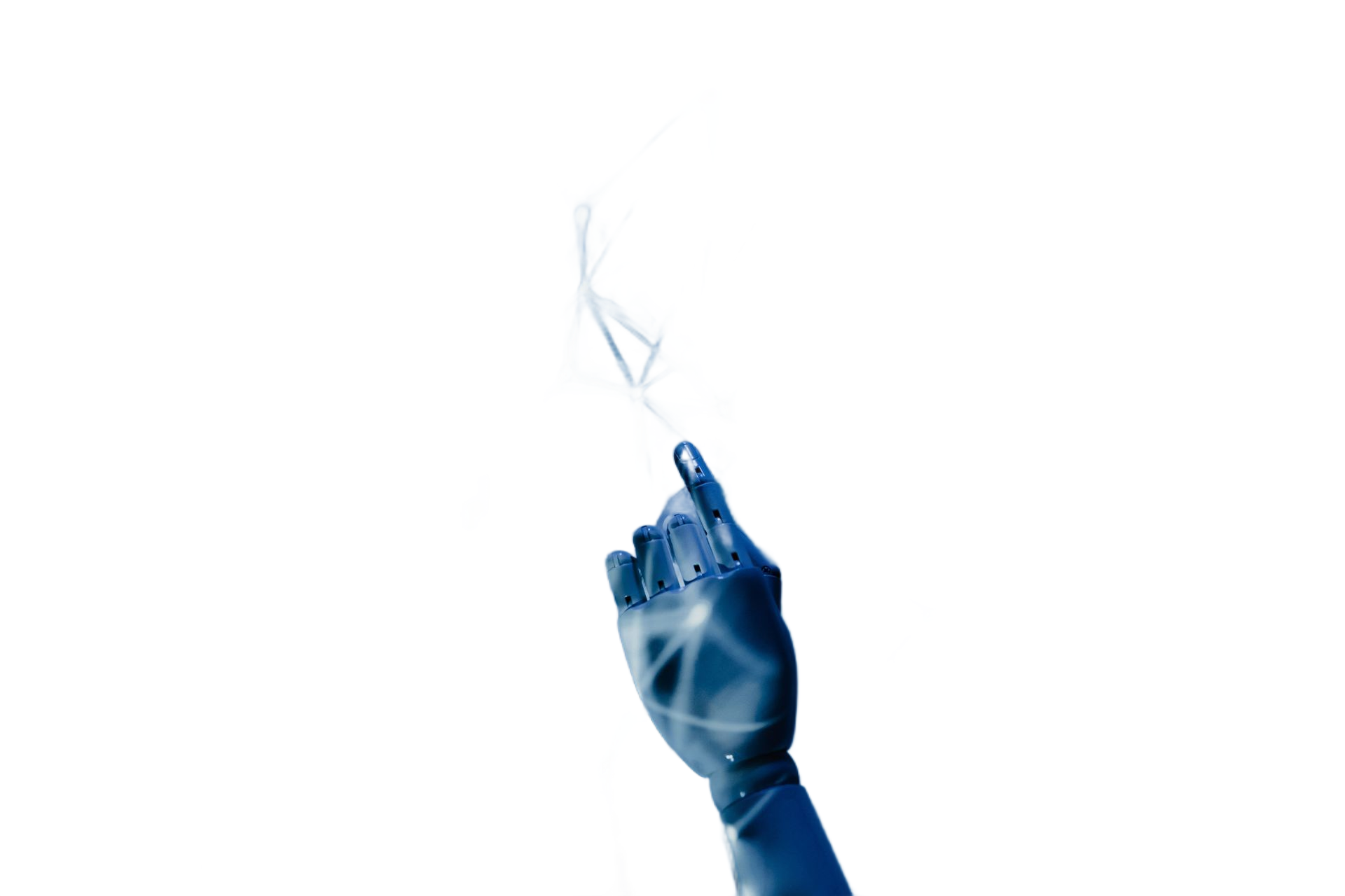 Blue-gloved hand reaching up toward a falling feather on a white background