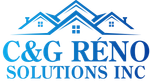 A blue logo for c & g reno solutions inc