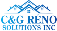 A blue logo for c & g reno solutions inc