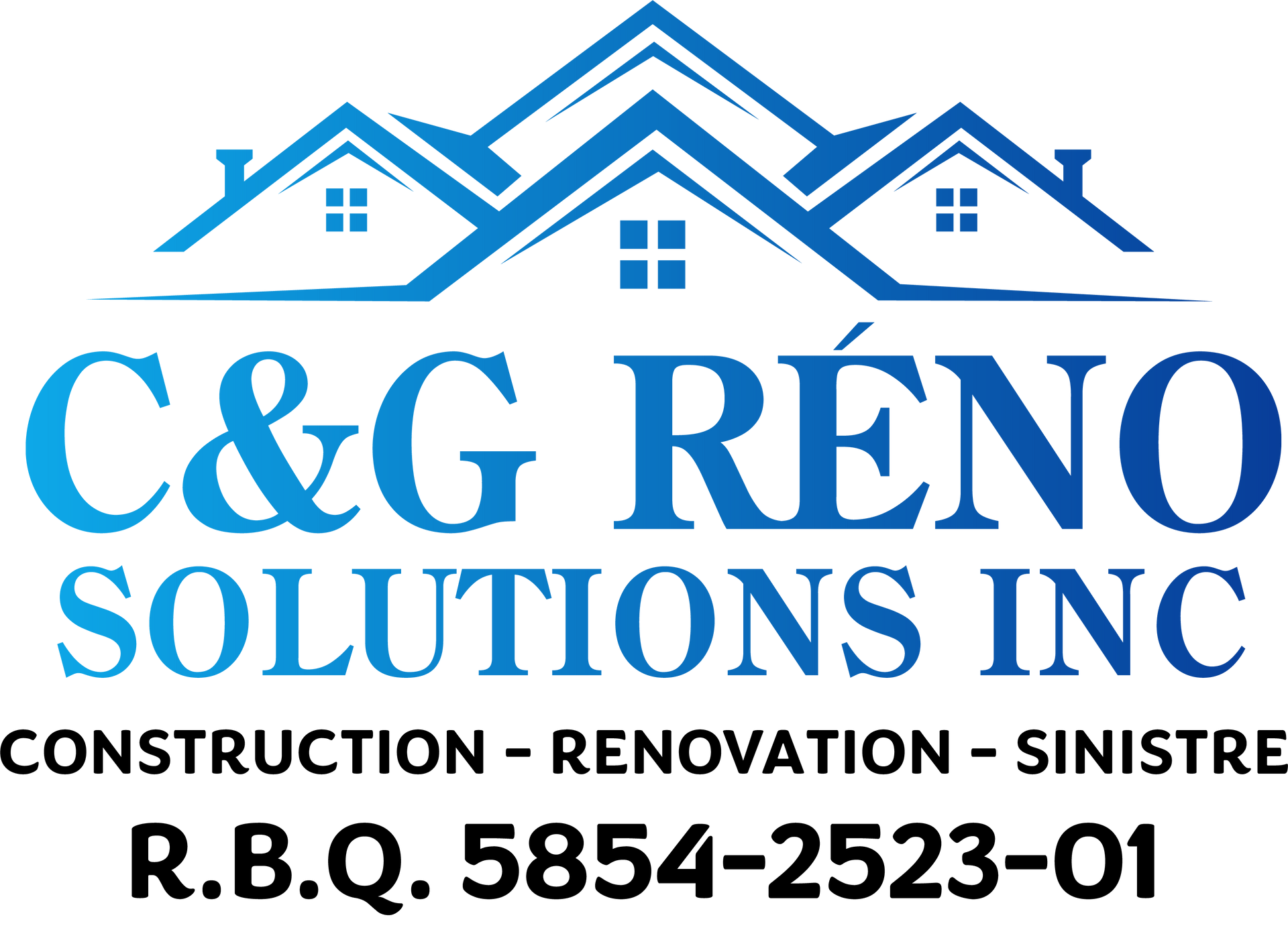 A blue logo for c & g reno solutions inc.