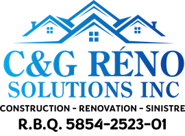 A blue logo for c & g reno solutions inc.