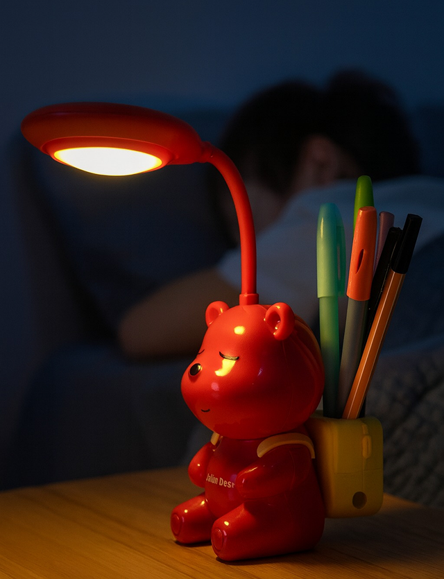 Red bear-shaped desk lamp illuminating a desk with pens and a person sleeping in the dark background.