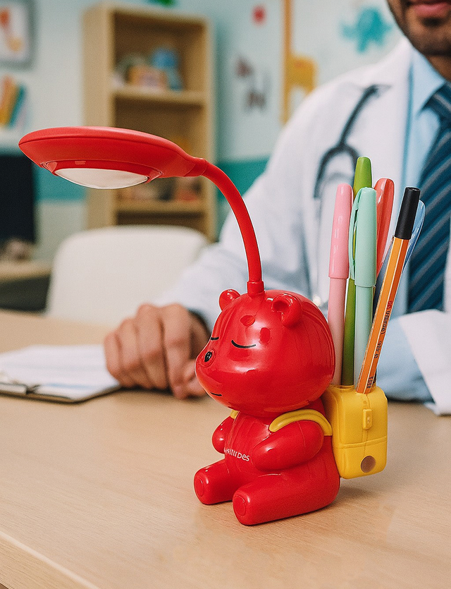 Red bear-shaped desk lamp with pens and doctor in background.