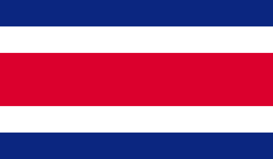 Flag of Costa Rica: horizontal stripes of blue, white, red, white, and blue.
