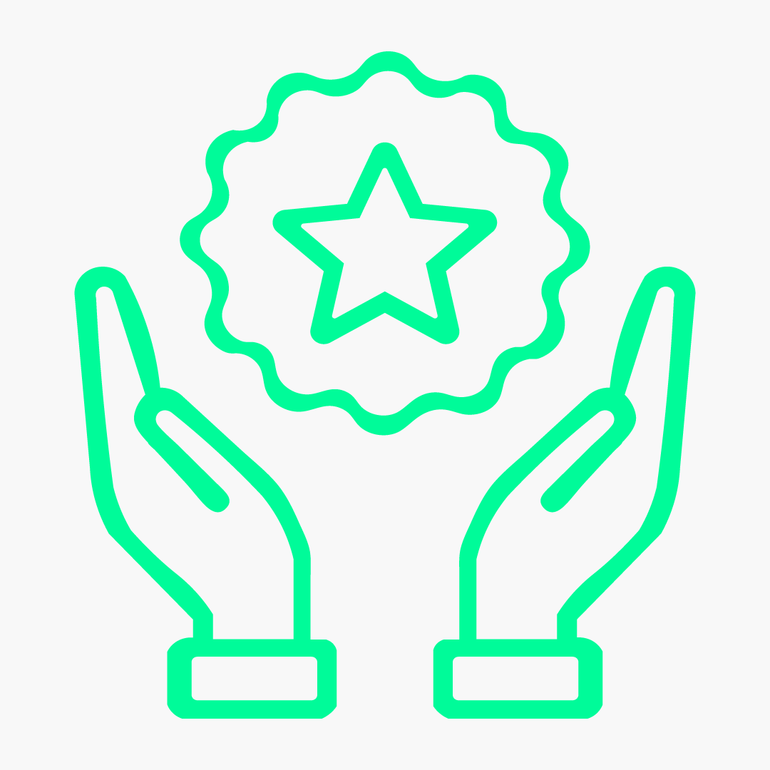 Green hands holding a star award with a scalloped border.
