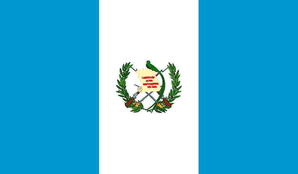 Flag of Guatemala: vertical tricolor of blue, white, and blue stripes; center stripe has the coat of arms.