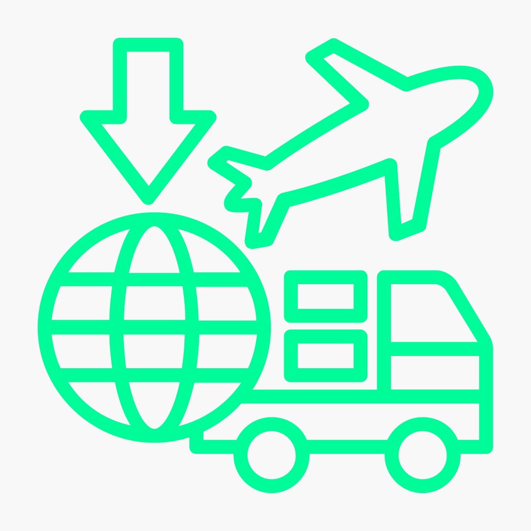 Green globe, airplane, truck, and arrow, representing global shipping and delivery.