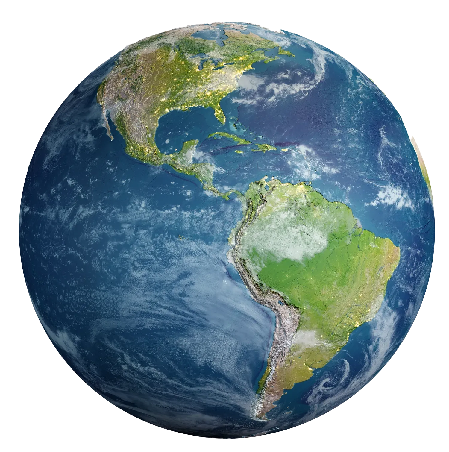 Earth, showing the Americas; green land masses, blue oceans, white clouds, and city lights at night.