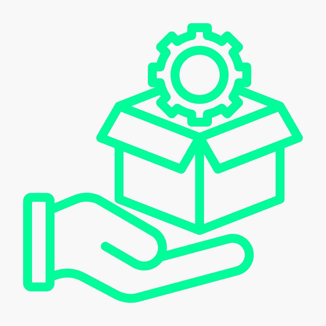Hand holding an open box with a gear on top, all outlined in green.