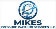 MIKES Pressure Washing Services LLC logo in blue with a stylized pressure washer and water swirls