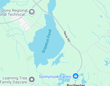 Map of Snipatuit Pond in Rochester, Massachusetts, with nearby landmarks and Neck Rd.