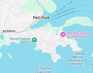 Map of St. Thomas, U.S. Virgin Islands, showing Red Hook, Secret Harbor Beach, and The Ritz-Carlton.