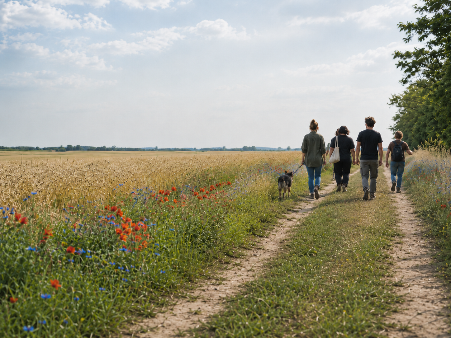 Gruppe mit Hund auf einem Feldweg zwischen Weizenfeld, Mohnblumen und Kornblumen