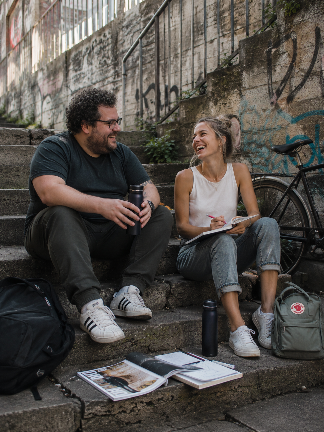 Three people sit on stone steps outdoors, one reading and two talking in warm sunlight.