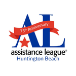 Assistance League Huntington Beach logo with red ribbon reading “75th Anniversary” and blue letters on white background