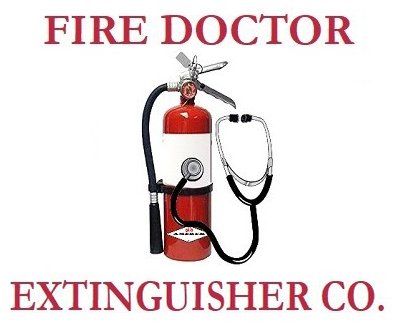 Fire Doctor fire extinguisher company logo with red extinguisher and black hose