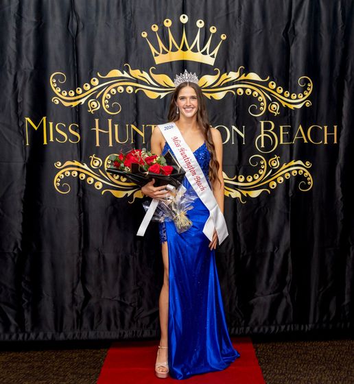 Miss Huntington Beach, Gabrielle Samiy Miss Huntington Beach winner in a blue gown, holding flowers. She wears a tiara and sash., Gabrielle Samiy