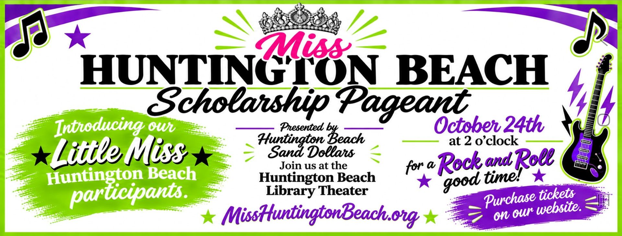 Miss HB Pageant 2026 Miss Huntington Beach Scholarship Pageant poster with green, white and purple text, musical notes, and beach-themed accents