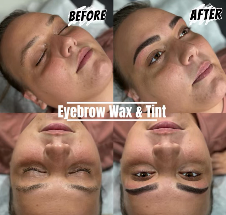 Before/after of woman's eyebrows. Waxing and tinting make brows fuller and darker.