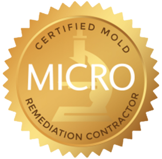 Gold seal reading “Certified Mold Remediation Contractor” with “MICRO” and a microscope icon.