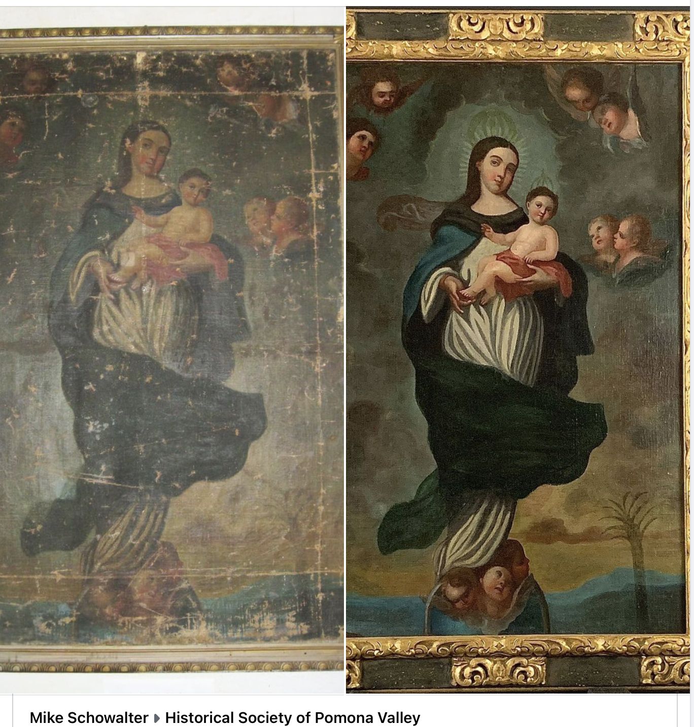 before and after FACL, Inc's art restoration services on a painting of Madonna & Child