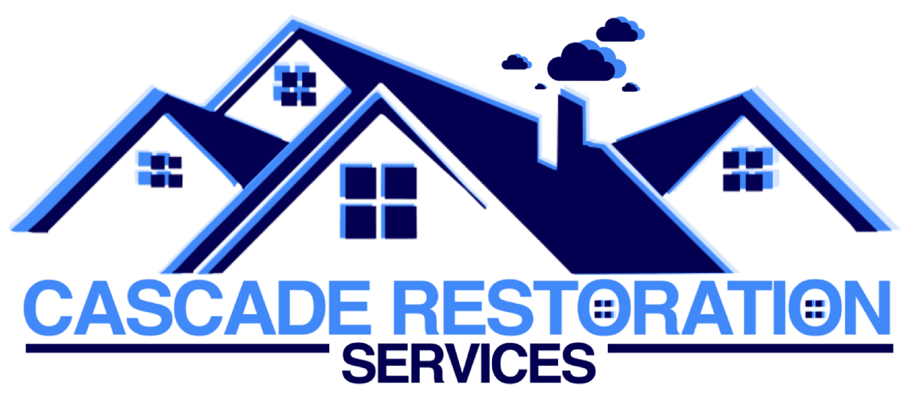 Logo for Cascade Restoration, featuring blue roof illustrations and text.