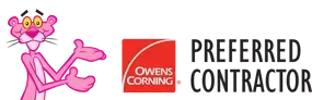 Pink Panther with arms out, Owens Corning logo, and 