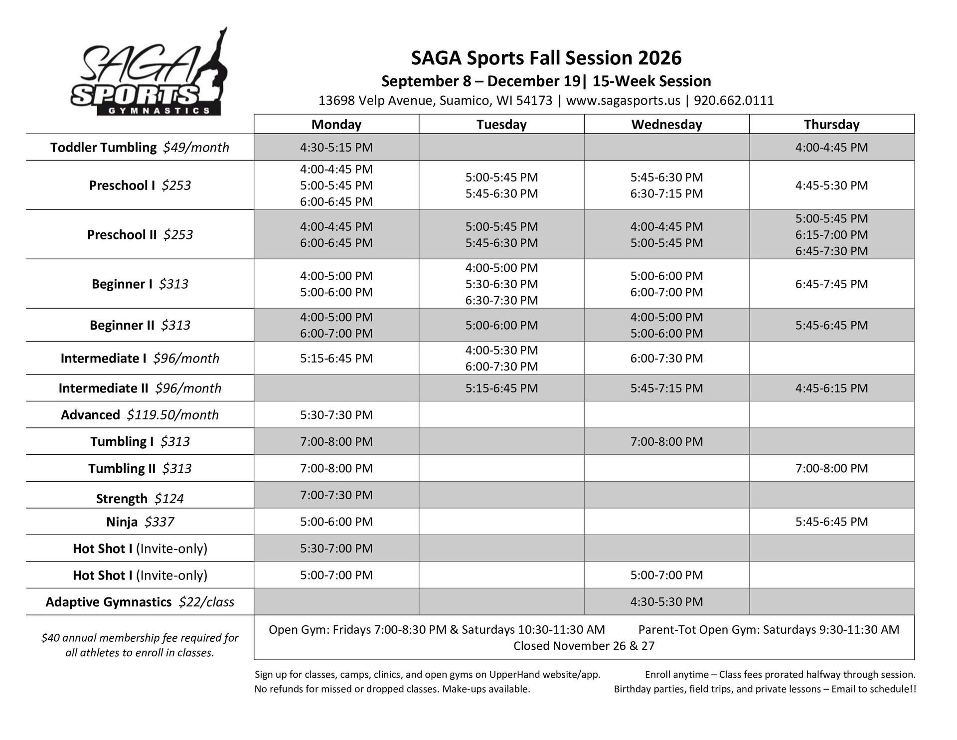 Winter/Spring 2026 Session Class Schedule