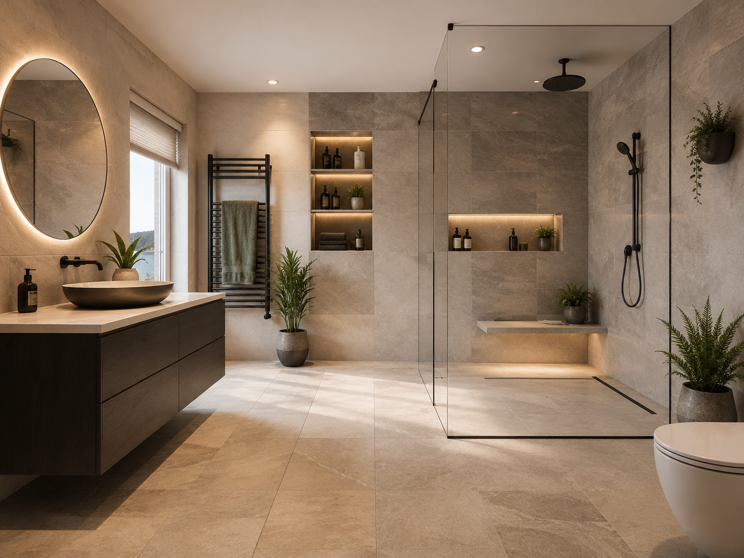 Luxury future-proof bathroom in Largs with level-access walk-in shower, wall-hung vanity and modern 