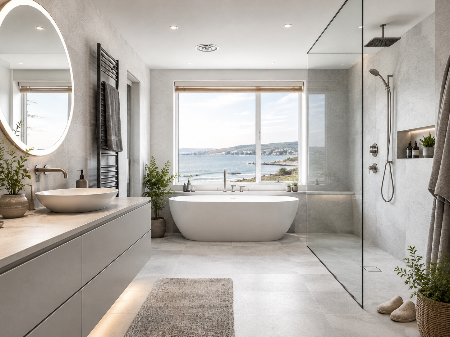 Luxury bathroom renovation in a traditional Largs home with modern walk-in shower and period feature