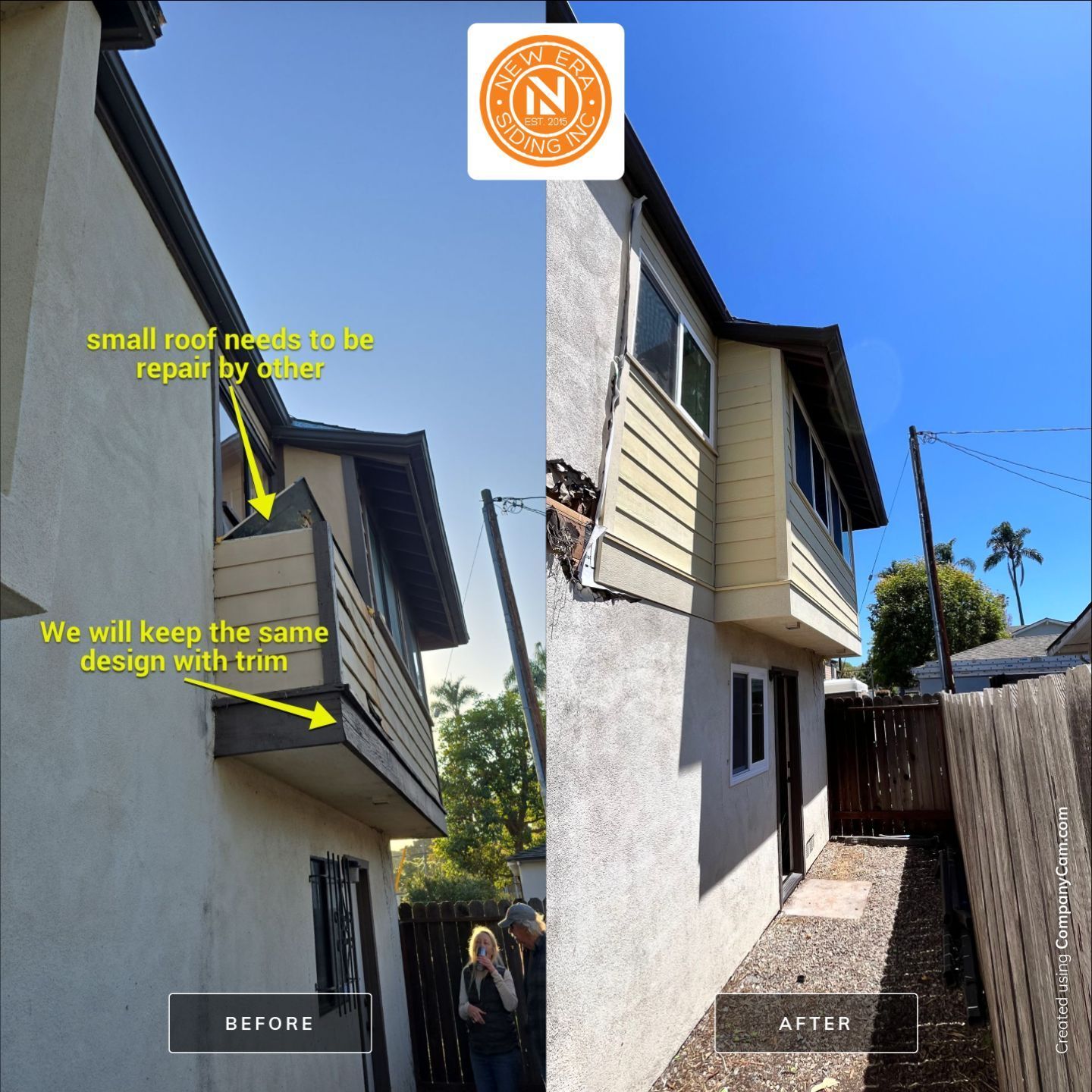 Before-and-after side view of a house exterior with small roof repair notes and arrows