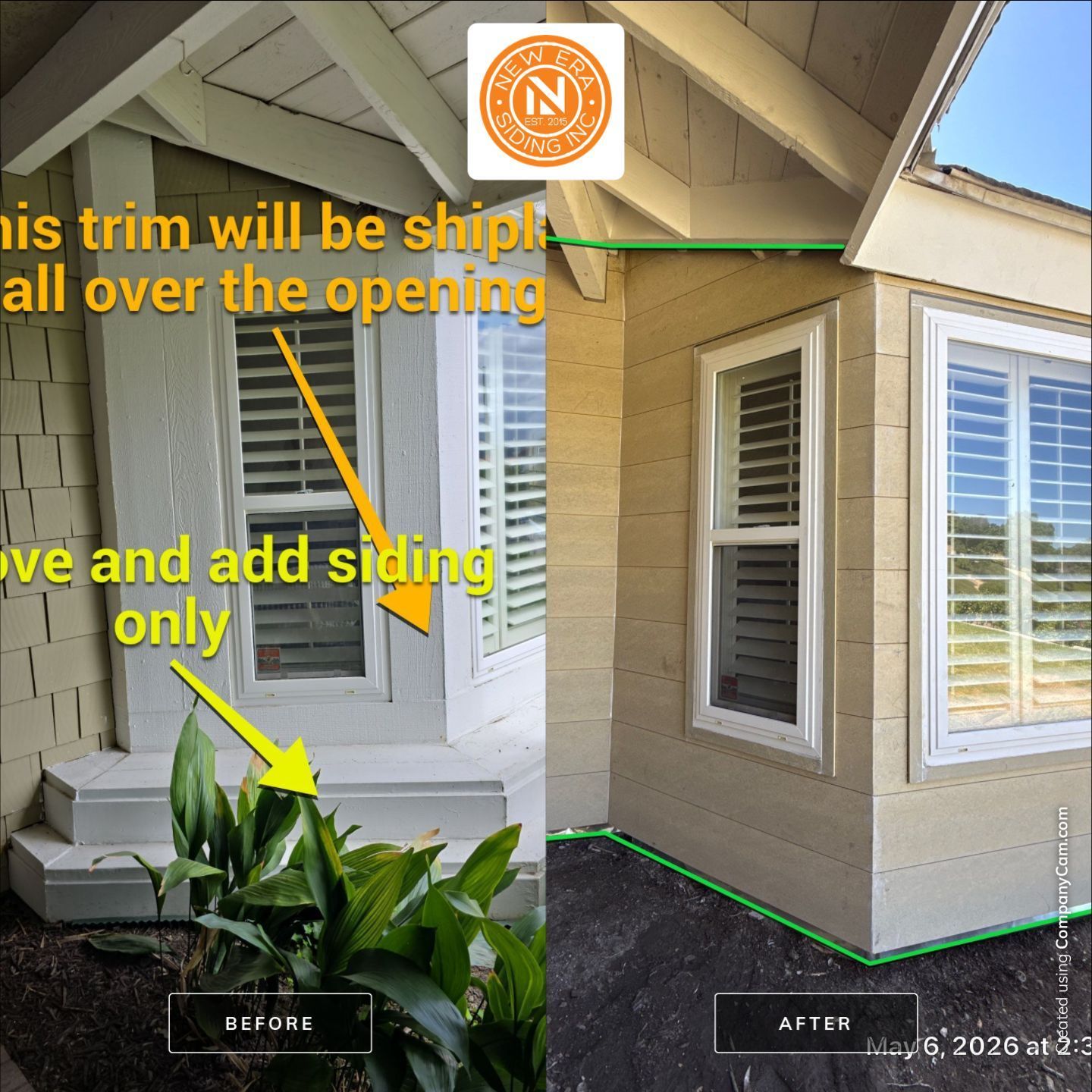 Annotated before-and-after of a home exterior trim and siding repair around an entryway and window