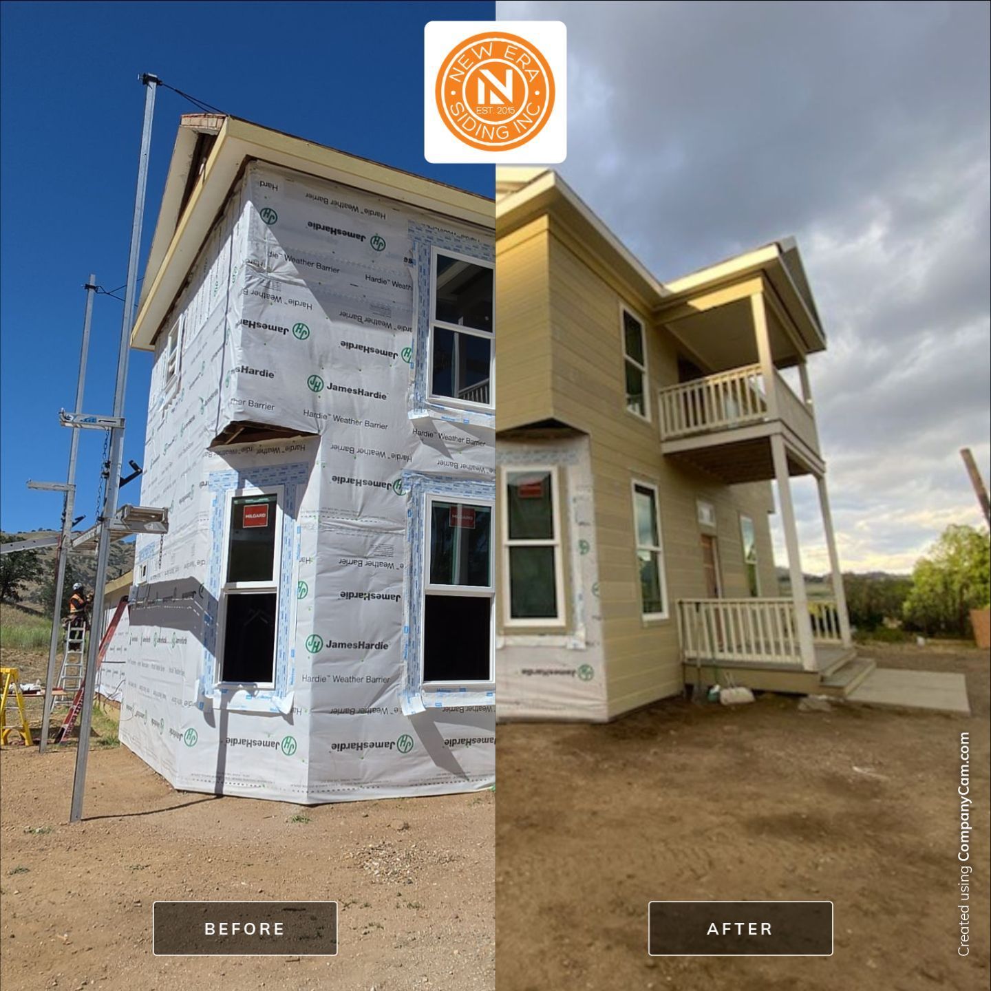 House exterior under renovation, with white house wrap on the left and finished beige siding on the right.