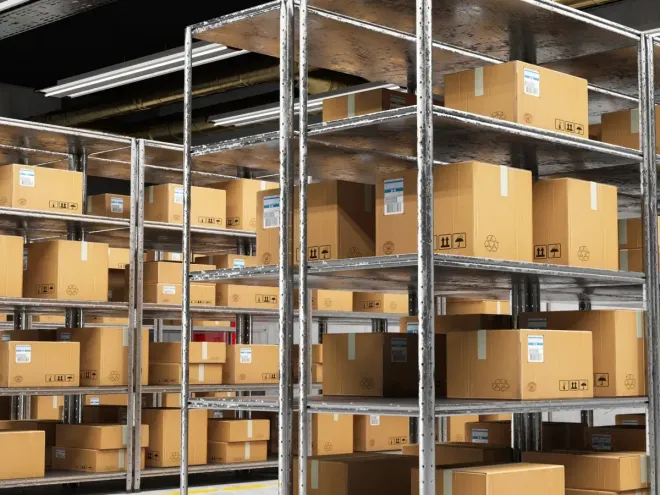Warehouse shelves stacked with cardboard shipping boxes in an industrial storage room