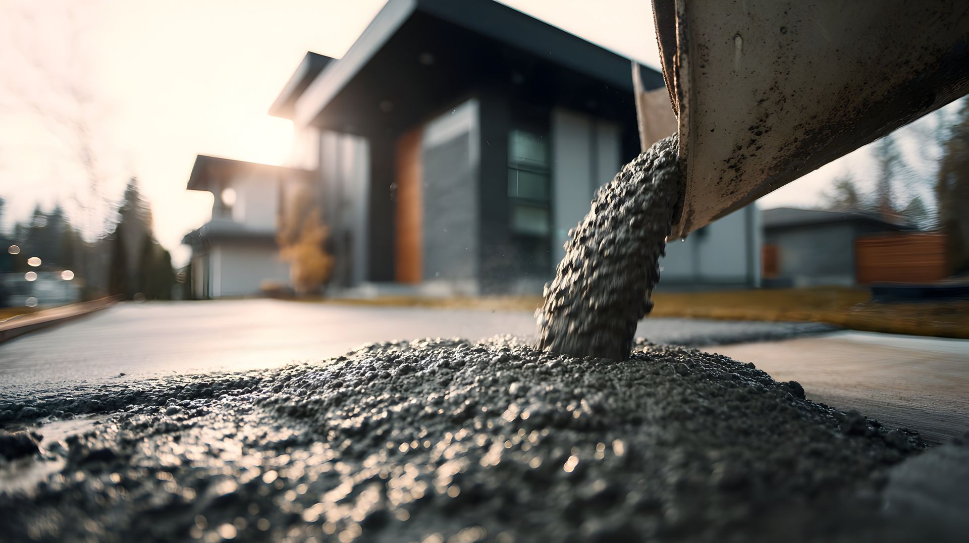 Fresh concrete being poured onto a driveway in front of a modern house. Fresh concrete being poured onto a driveway in front of a modern house.