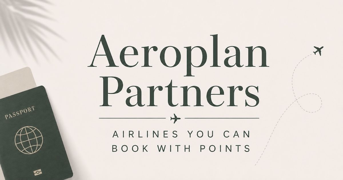 Aeroplan partners blog image with passport and flight path on a cream and sage green background.