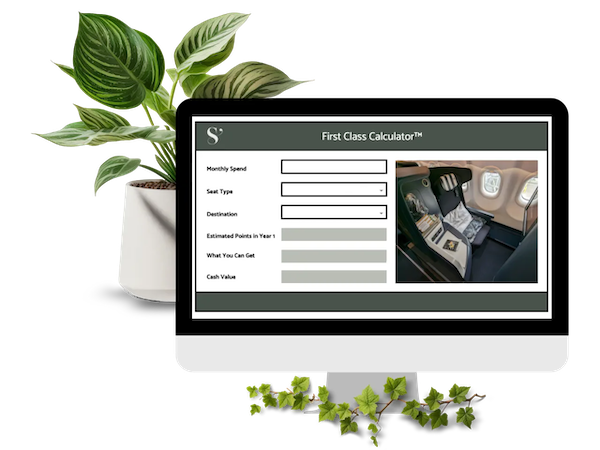 A desktop screen shows a “First Class Calculator” with fields for “Monthly Spend,” “Seat Type,” “Destination,” “Estimated Points in Year 1,” “What You Can Get,” and “Cash Value.” A first class airplane seat photo appears beside the calculator, with a potted plant and ivy decorating the mockup.