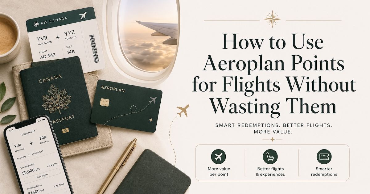 Aeroplan graphic with passport, boarding pass, credit card, phone, and airplane window.