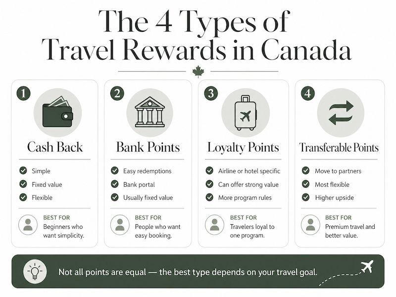 Comparison infographic showing the four main types of travel rewards in Canada: cash back, bank points, loyalty points, and transferable points, with key features and who each type is best for.