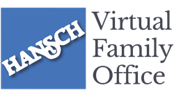 Hansch Virtual Family Office logo with blue square and white diagonal “HANSCH” text next to gray serif words.